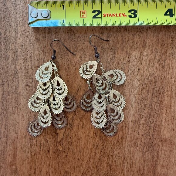 Feathered Cutout Gold-Tones Chandelier Drop Dangly Earrings - Picture 2 of 8